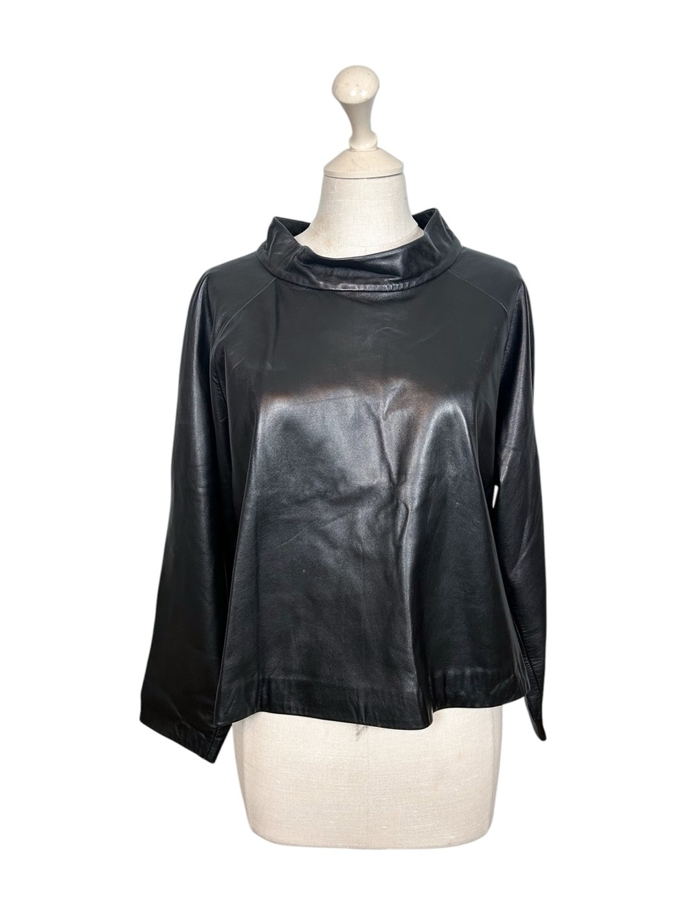 Peter Cohen Black Leather Long Sleeve Mock Neck Top